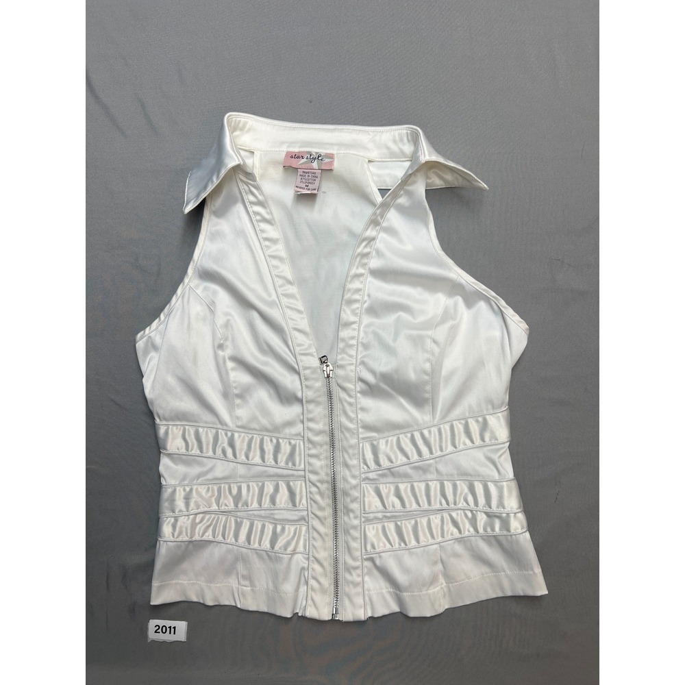Star Style White Sateen Zip Up Sleeveless Collared Top Pleated Waist Size Medium